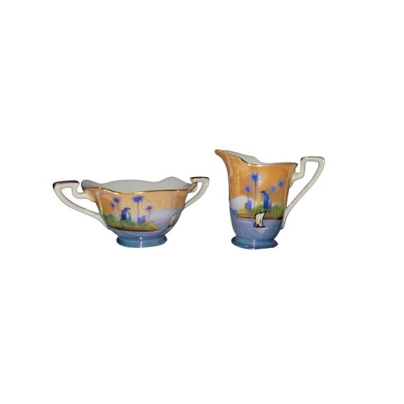 Noritake "M" Series 1930's Fine China Tropical Blue & Gold Trim Sugar & Creamer - Picture 1 of 9